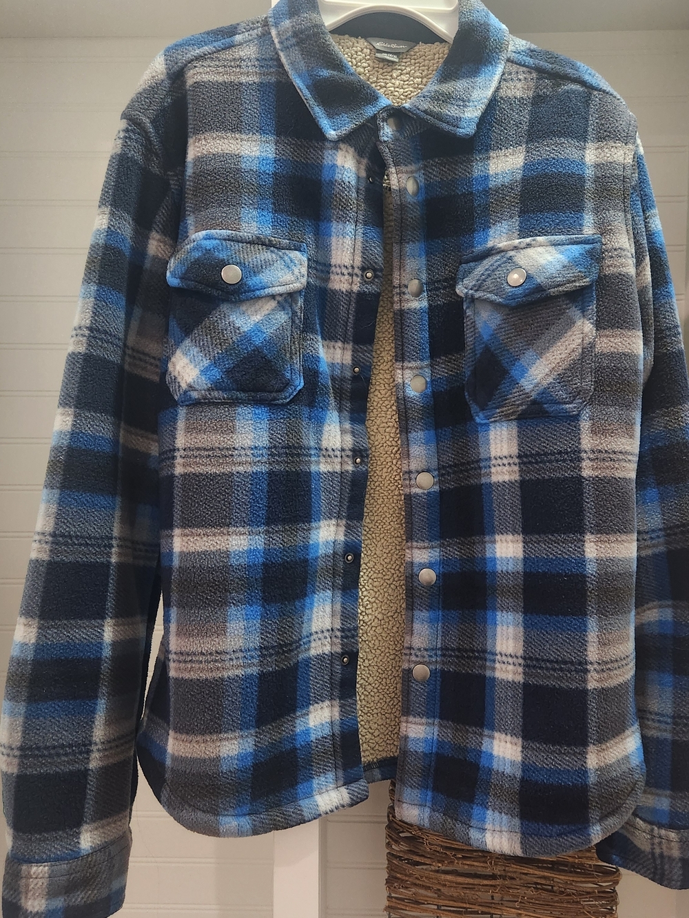 Eddie Bauer Blue and Gray Plaid Sherpa Shirt Jacket
